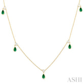 5x3 MM Pear Shape Emerald and 1/4 Ctw Round Cut Diamonds Precious Station Necklace in 14K Yellow Gold